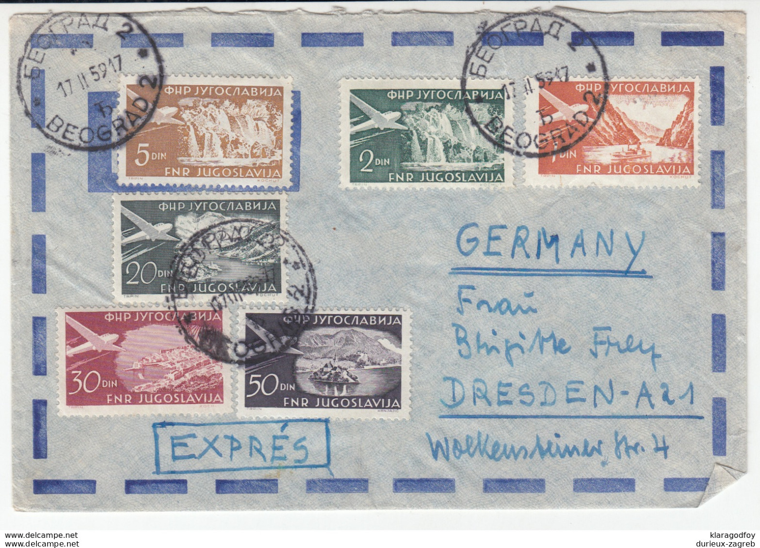 Yugoslavia Multifranked Air Mail Letter Cover Travelled 1959 Beograd To Dresden Bb180612 - Luftpost