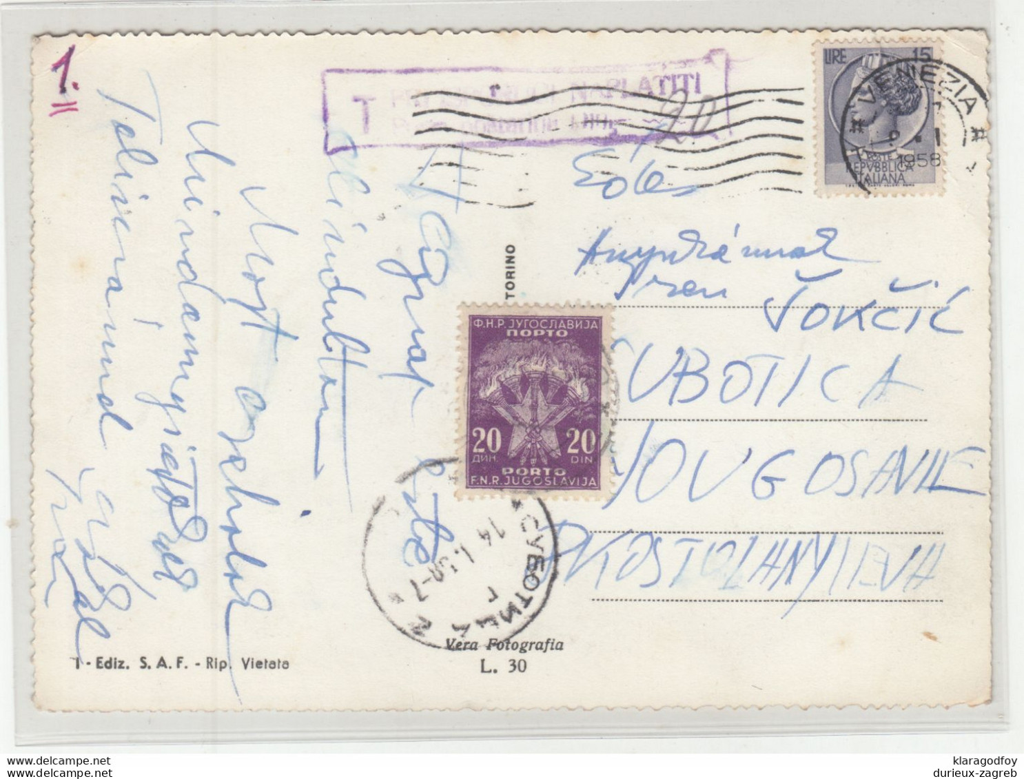 Yugoslavia Taxed Postcard Posted 1958 Italy Venice To Subotica - Postage Due B210112 - Segnatasse