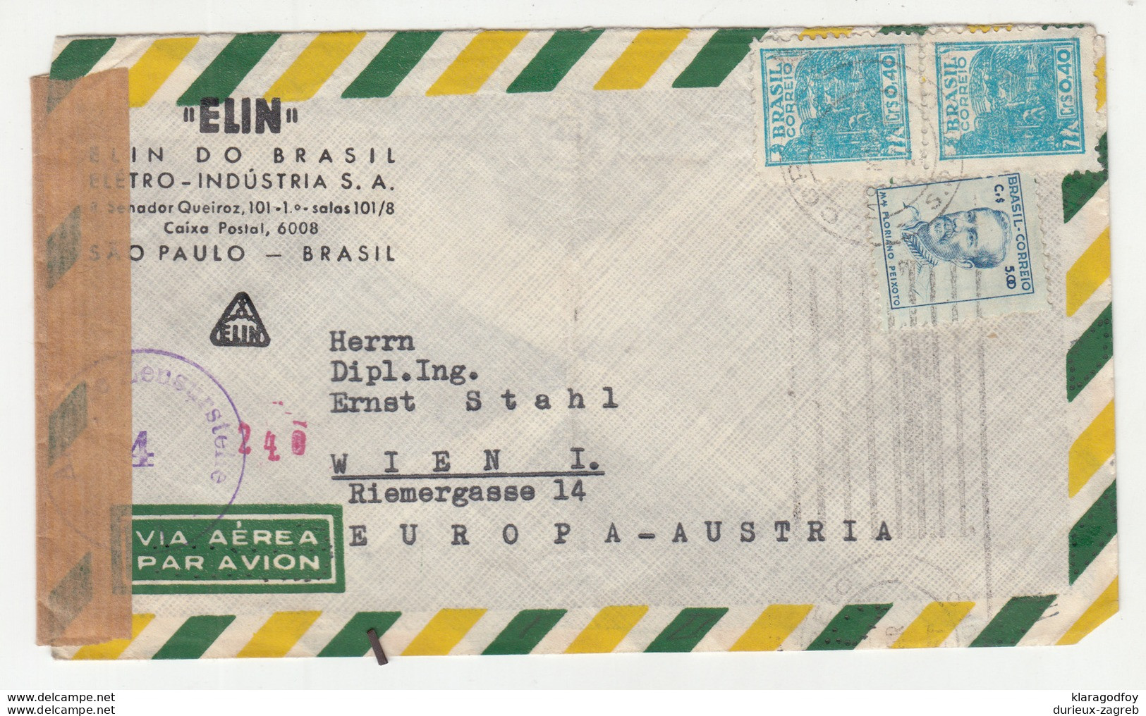 Elin, Sao Paolo Company Air Mail Letter Cover Travelled 195? To Austria - Censored D B190601 - Briefe U. Dokumente