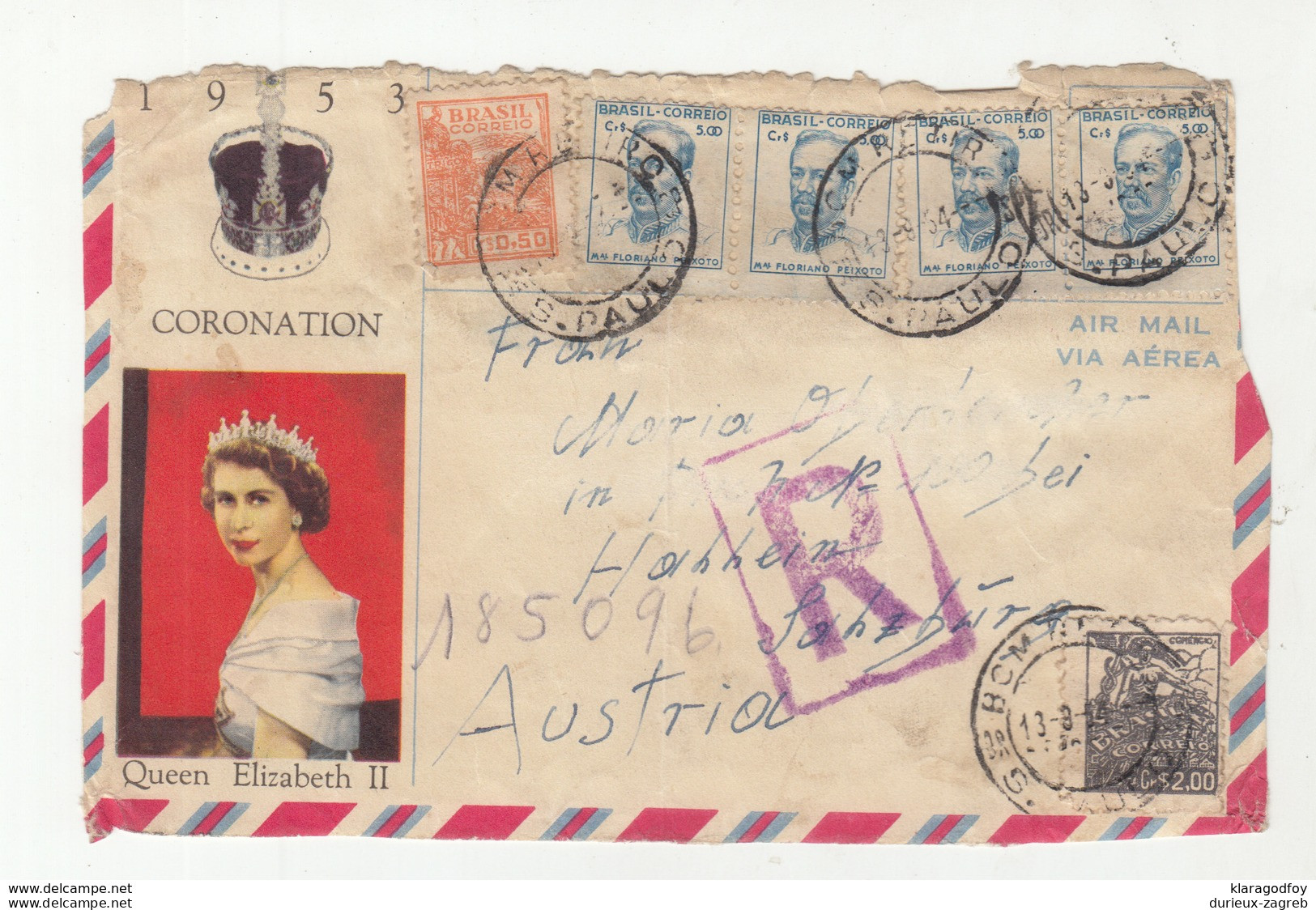 QEII Illustrated Letter Cover (ONLY FRONT PAGE) Travelled Registered 1954 S. Paulo To Austria D B190601 - Lettres & Documents