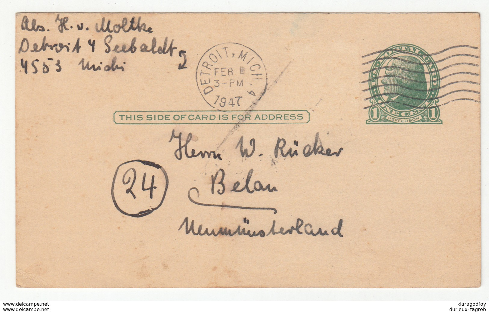 US Postal Stationery Postcard Travelled 1947 Detroit To Belau B181215 - 1941-60