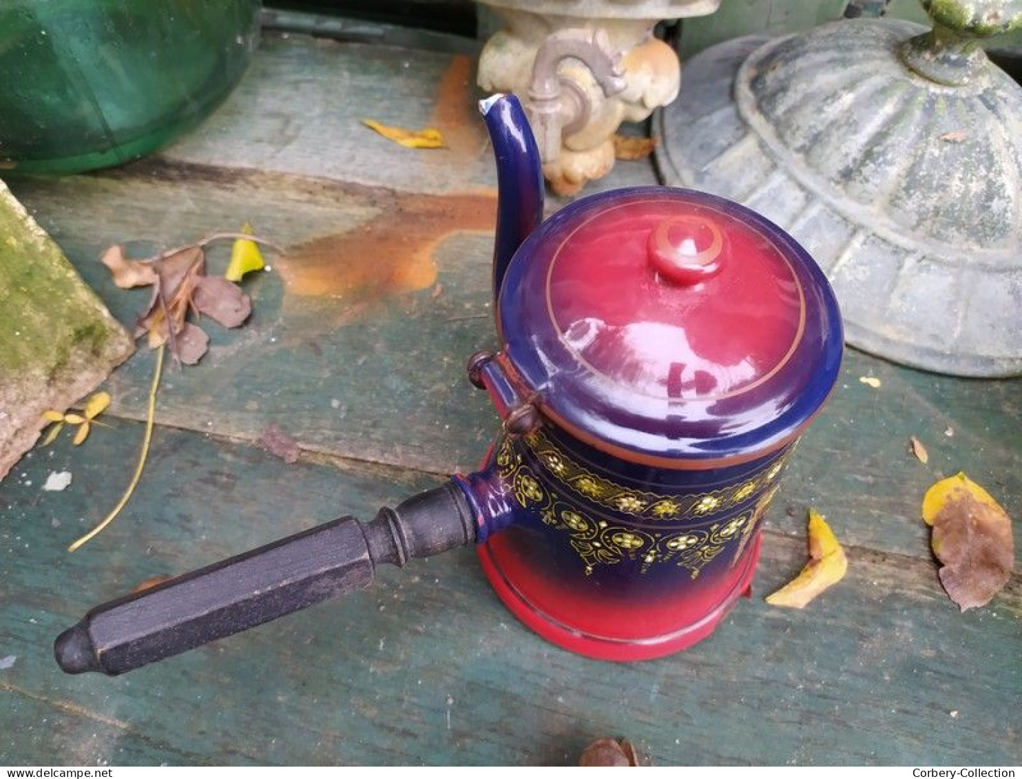 Rare Verseuse Cafetière Chocolatière Émaillée B.B Violet Foncé Dégradé Rouge