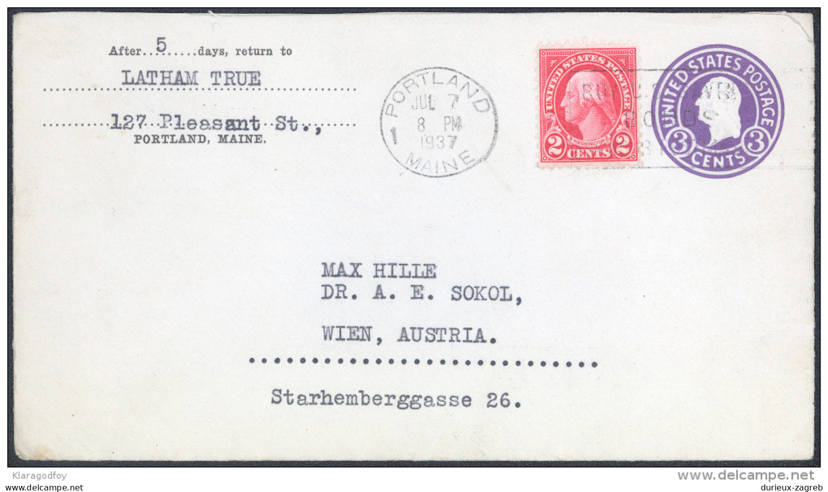 United States 3c Postal Stationery Letter Cover Travelled 1937 Portland To Austria Bb - 1921-40