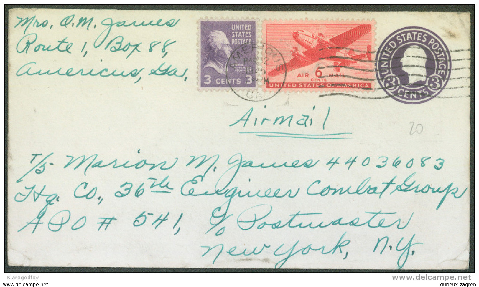 United States 3c Postal Stationery Letter Cover Travelled 1946 From Americus, GA Bb - 1921-40