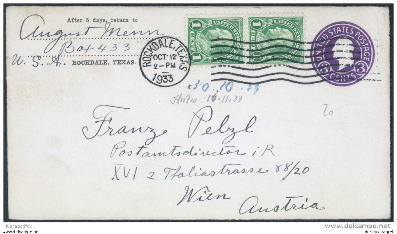 United States 3c Postal Stationery Letter Cover Travelled 1933 Rockdale, TX To Austria Bb - 1921-40