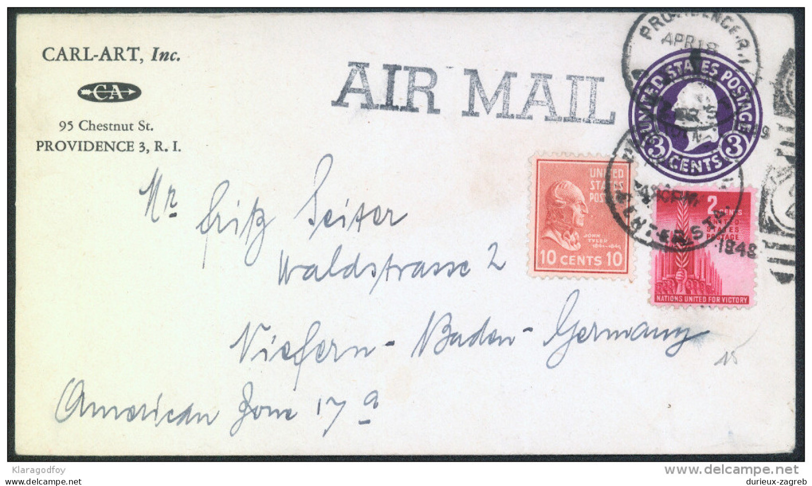 United States 3c Postal Stationery Letter Cover Travelled 1949 Providence To Germany Bb - 1941-60