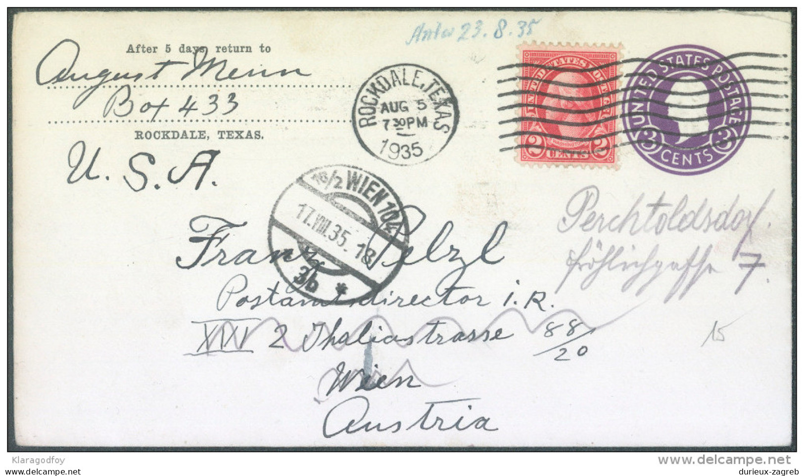 United States 3c Postal Stationery Letter Cover Travelled 1935 Rockdale, TX To Austria Bb - 1921-40