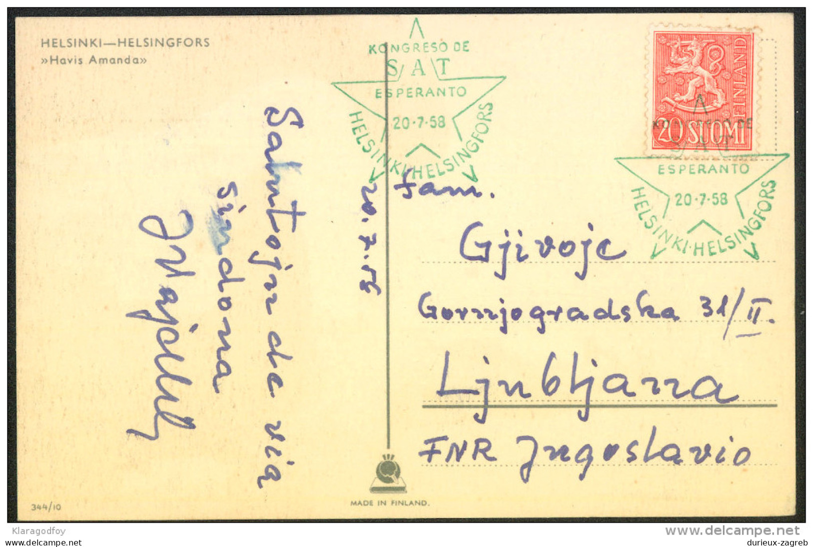 Esperanto Finland 1958 Congress Special Postmark On Helsinki Postcard Bb150915 - Esperanto