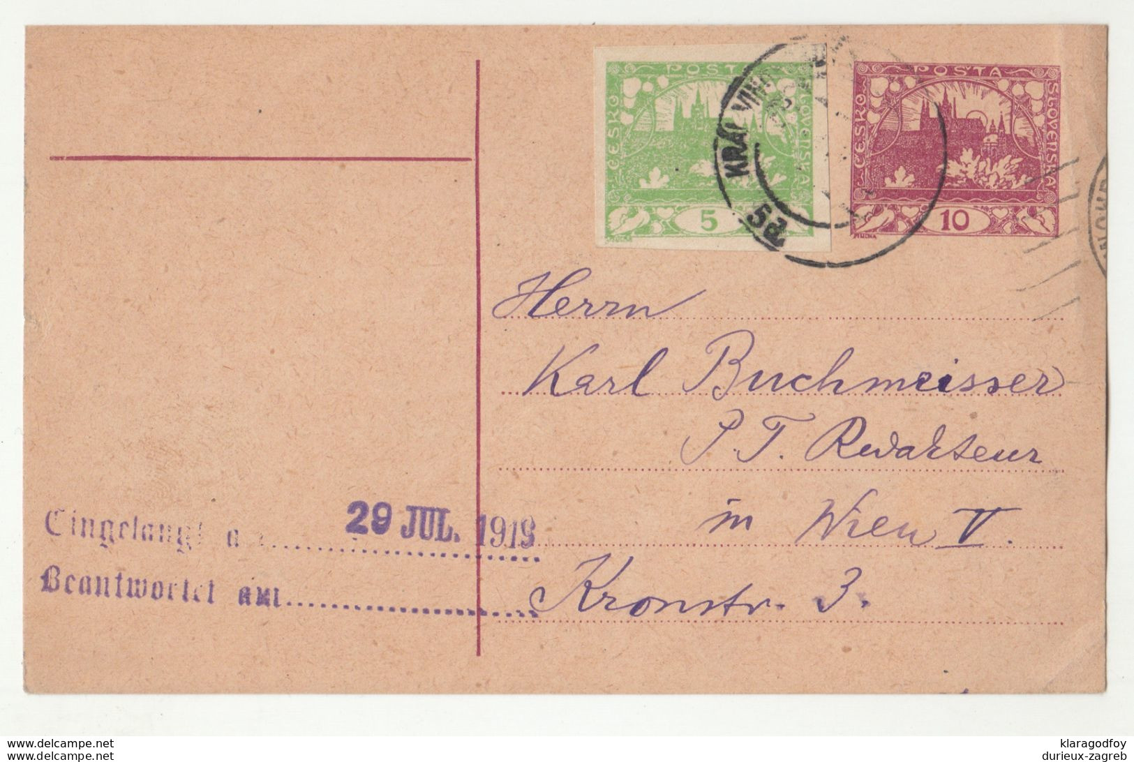 Czechoslovakia, Postal Stationery Postcard Posted 1919 B200610 - Ansichtskarten