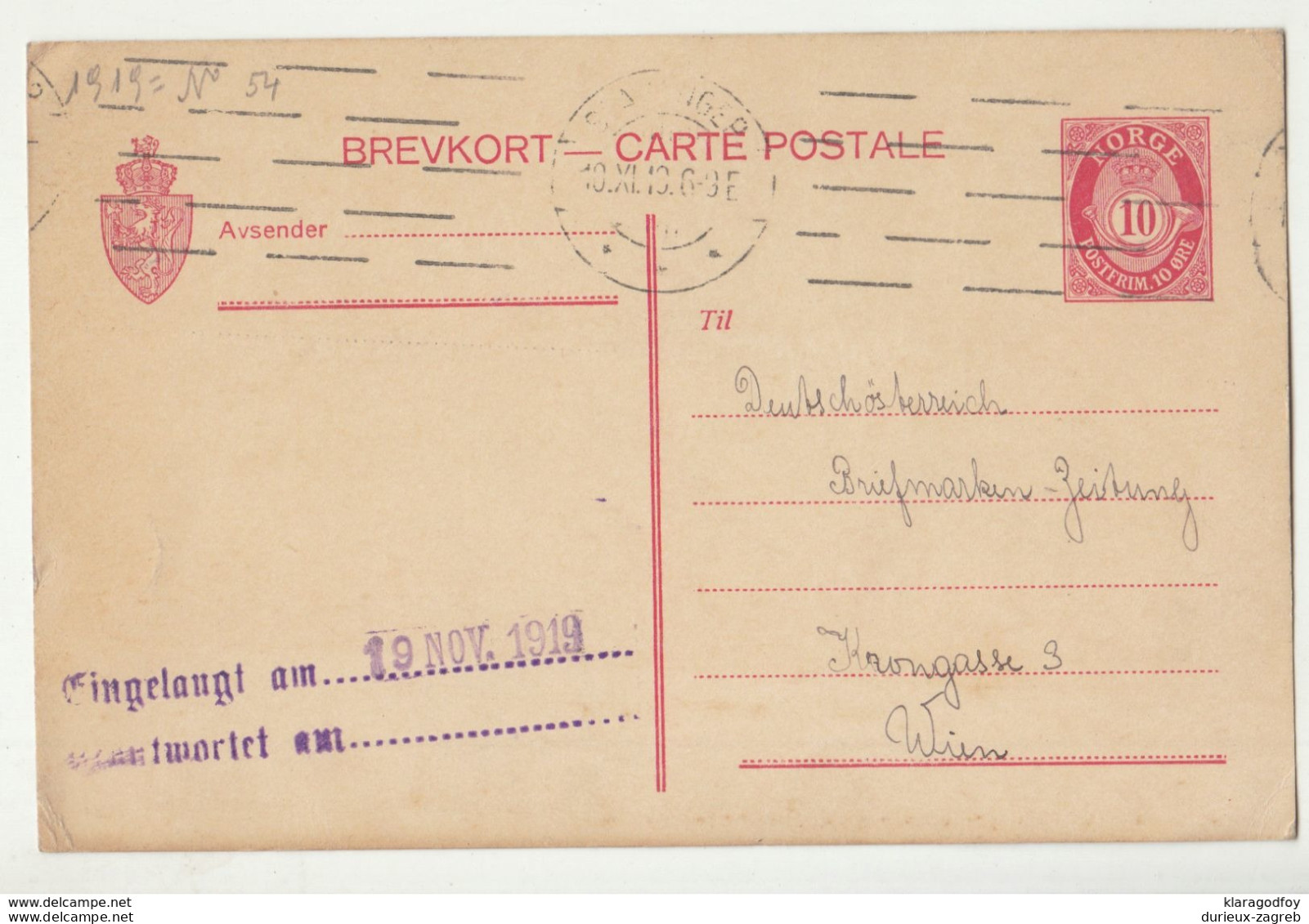 Norway, Postal Stationery Postcard Posted 1919 Stavanger Pmk B200610 - Interi Postali