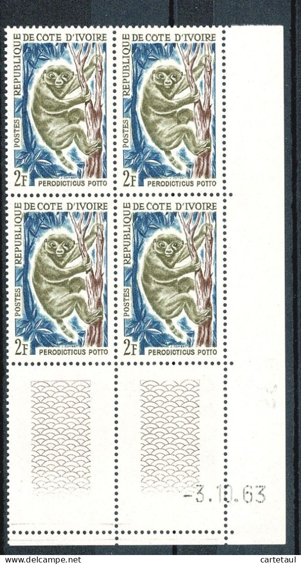 COTE D'IVOIRE   Animaux Et Tourisme  2F Bloc De 4 Coin Daté -3.10.63 ** Sans Charnière Ni Trace TB Gomme ** - Côte D'Ivoire (1960-...)