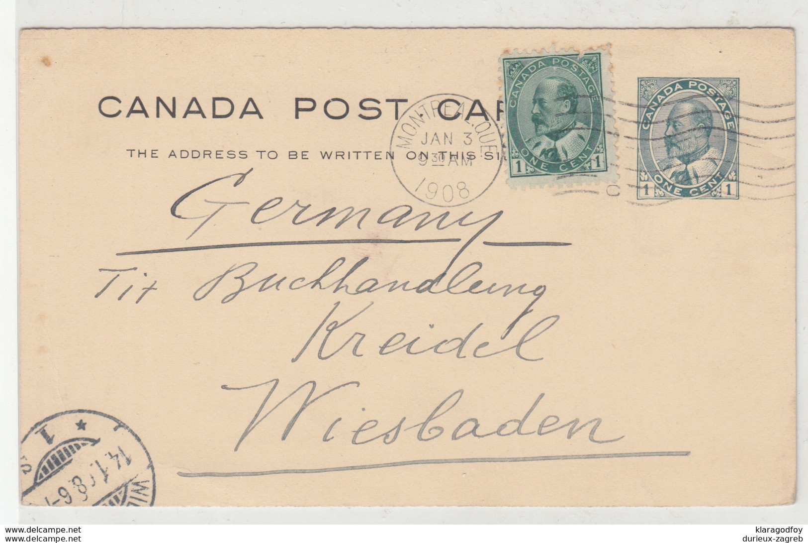 Canada, Postal Stationery Postcard Travelled 1908 Montreal To Wiesbaden B190401 - 1903-1954 Reyes