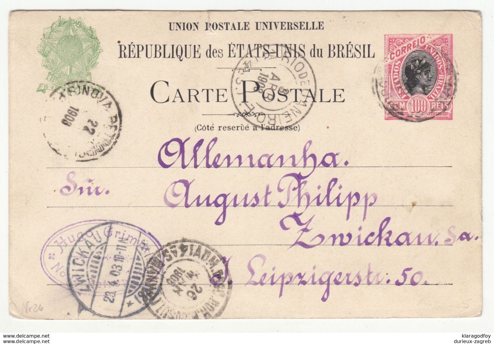 Brasil, UPU Postal Stationery Postcard Carte Postale Travelled 1908 Rio De Janiero To Zwickau B190401 - Entiers Postaux