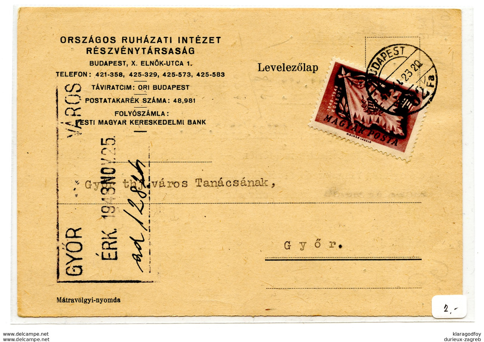 Orszagos Ruhazatii Intezet Reszvenytarsasag Levelezolap Postcard Travelled 1948 Budapest To Gyor B180702 - Lettres & Documents