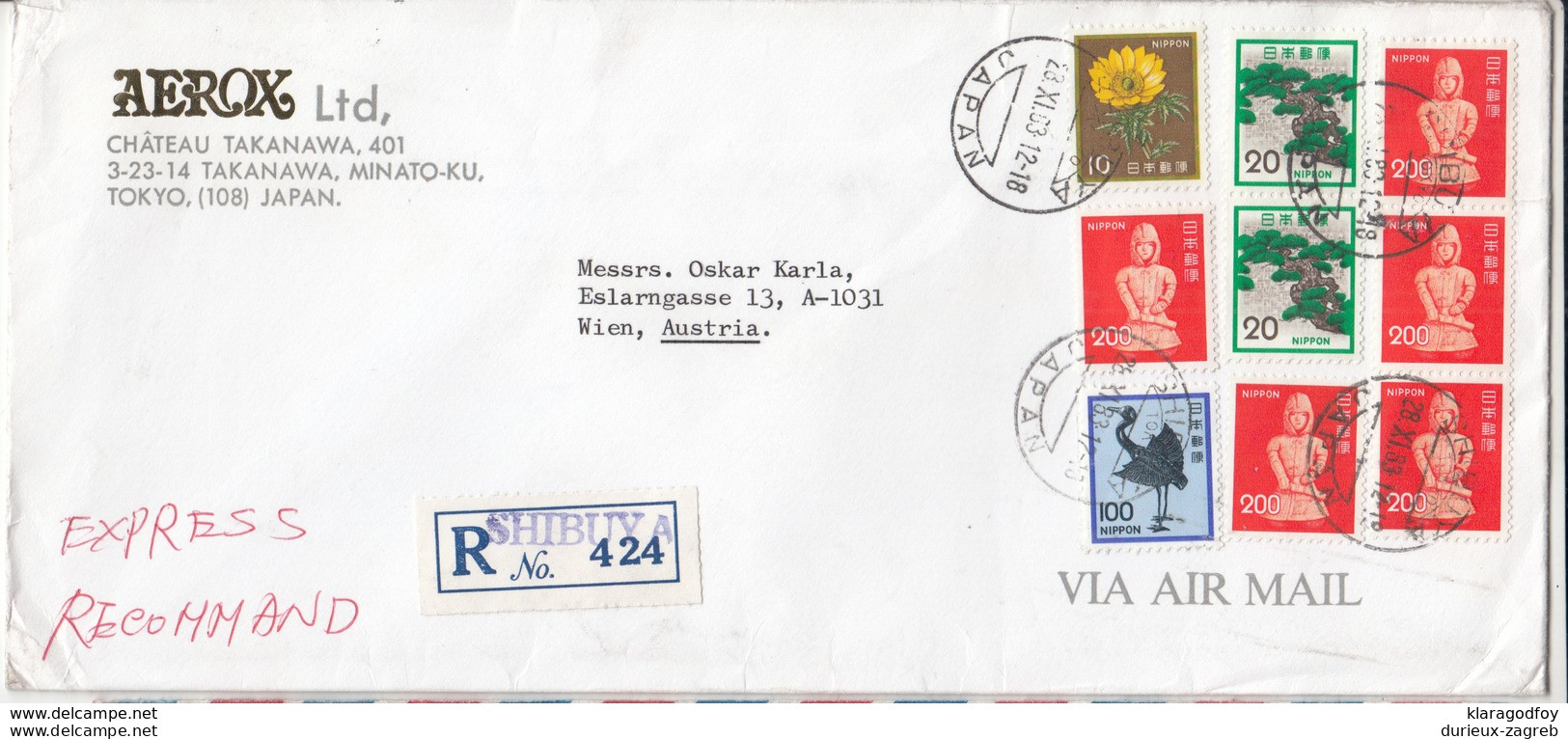 Aerox Company Letter Cover Travelled Registered 1983 Shubuya To Austria B180612 - Briefe U. Dokumente