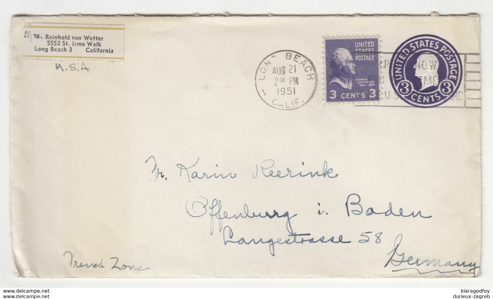 US Postal Stationery Letter Cover Posted 1951 Long Beach To Germany - Uprated B191020 - 1941-60