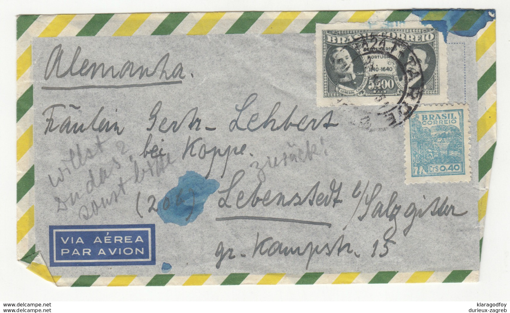 Brazil Air Mail Letter Cover Posted 195? To Germany - Damaged B191020 - Cartas & Documentos