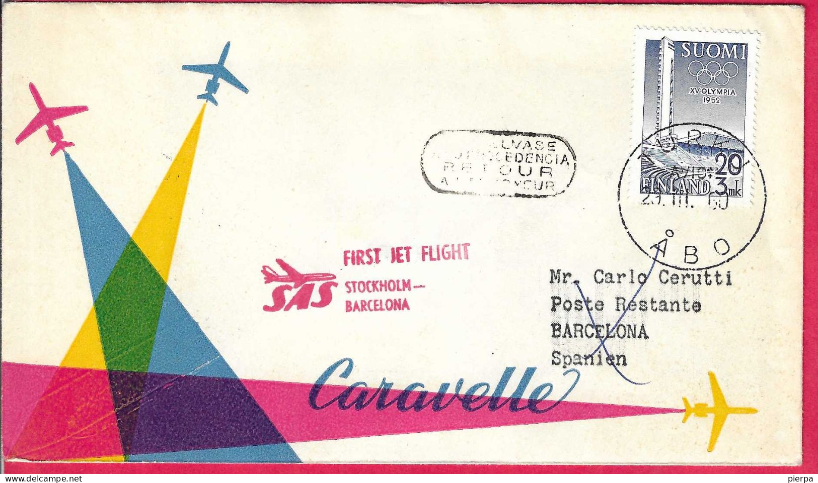 SVERIGE - FIRST FLIGHT SAS WITH CARAVELLE FROM STOCKHOLM TO BARCELONA *1.4.60* ON OFFICIAL COVER FROM FINLAND - Briefe U. Dokumente