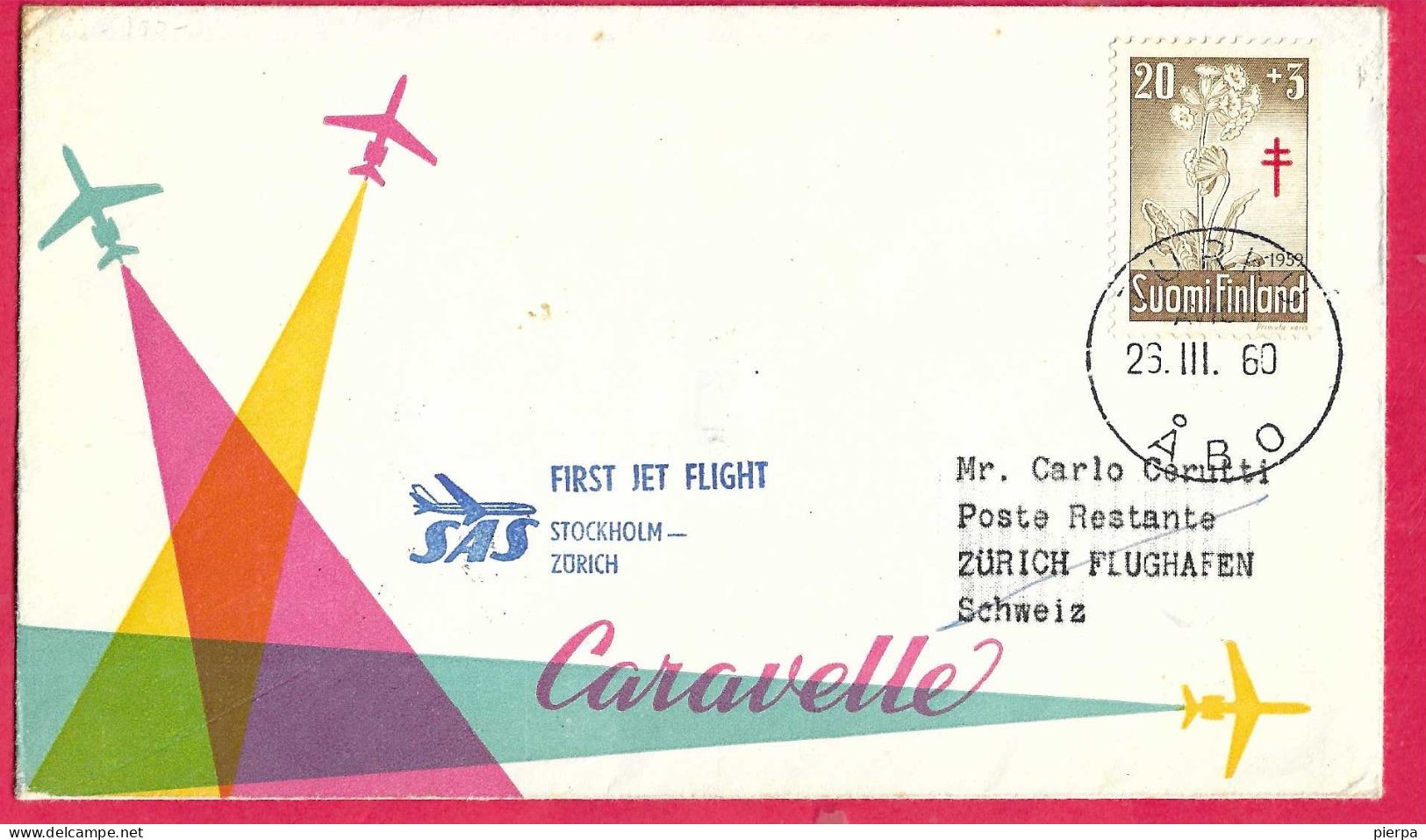 SVERIGE - FIRST FLIGHT SAS WITH CARAVELLE FROM STOCKHOLM TO ZURICH *29.3.60* ON OFFICIAL COVER FROM FINLAND - Brieven En Documenten