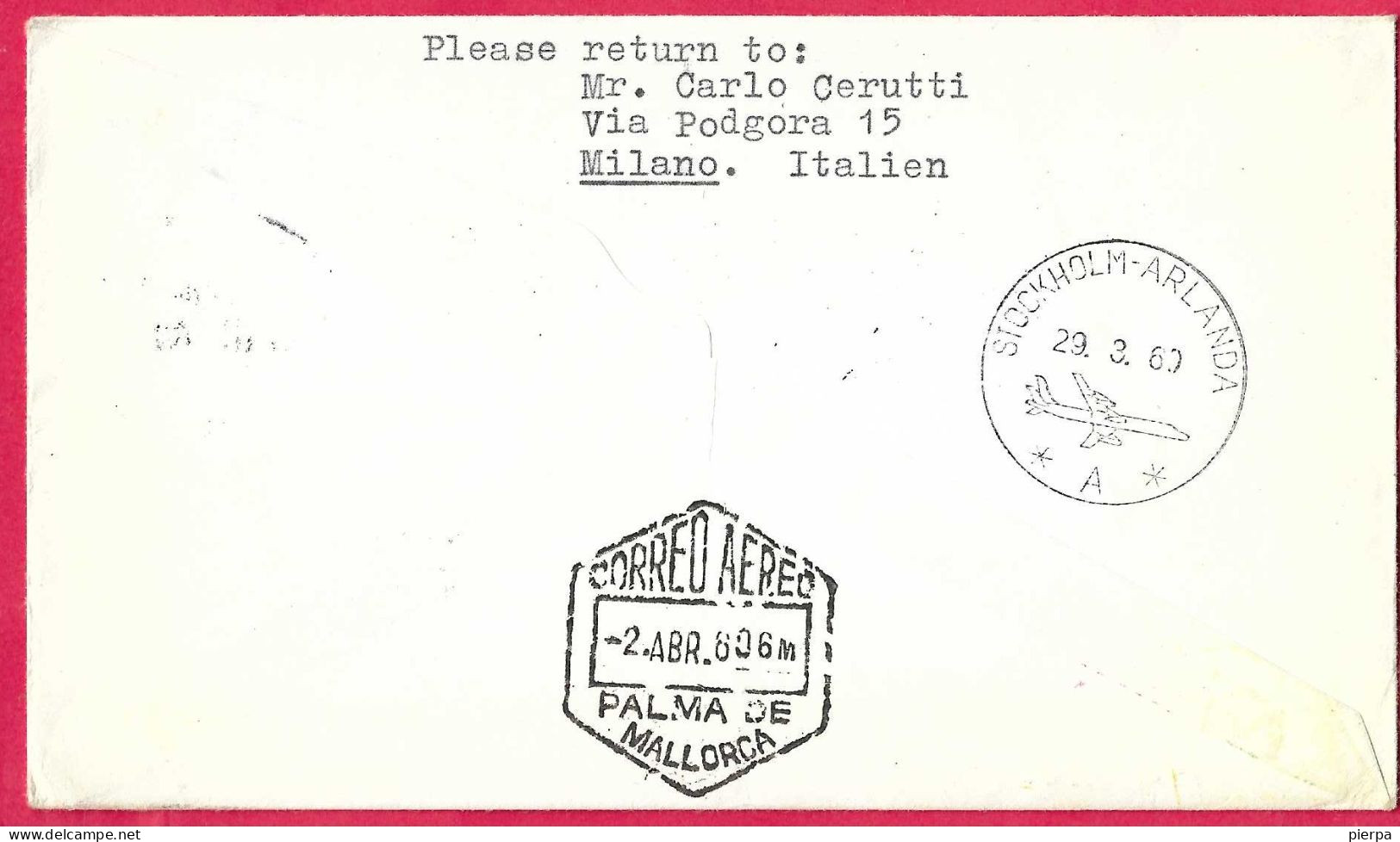 SVERIGE - FIRST FLIGHT SAS WITH CARAVELLE FROM STOCKHOLM TO PALMA DE MAIORCA *29.3.60* ON OFFICIAL COVER FROM FINLAND - Covers & Documents