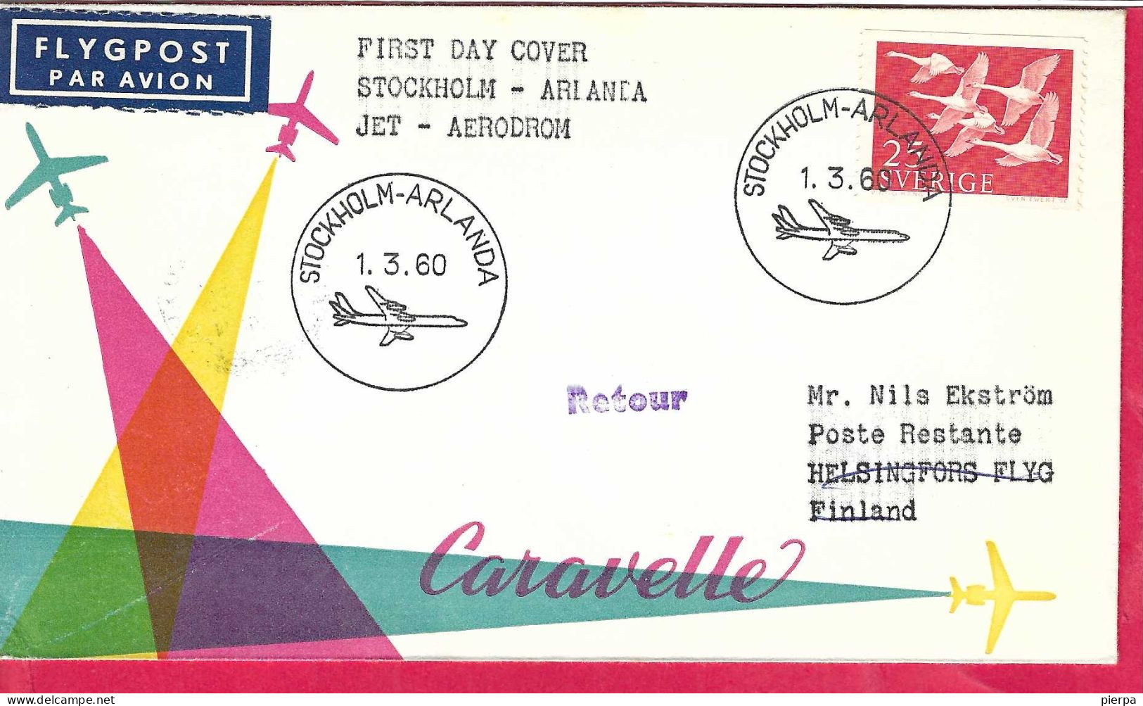 SVERIGE - FIRST FLIGHT SAS WITH CARAVELLE FROM STOCKHOLM TO HELSINKI *1.3.60* ON OFFICIAL F.D.C. - Covers & Documents
