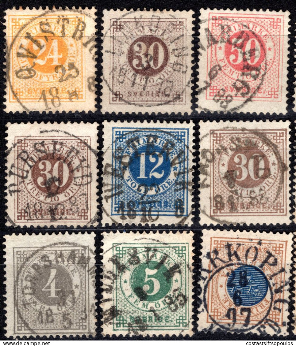 1902. SWEDEN. 45 CLASSIC ST. WITH NICE POSTMARKS LOT, VERY FEW WITH FAULTS, 7 SCANS - 1872-1891 Ringtyp