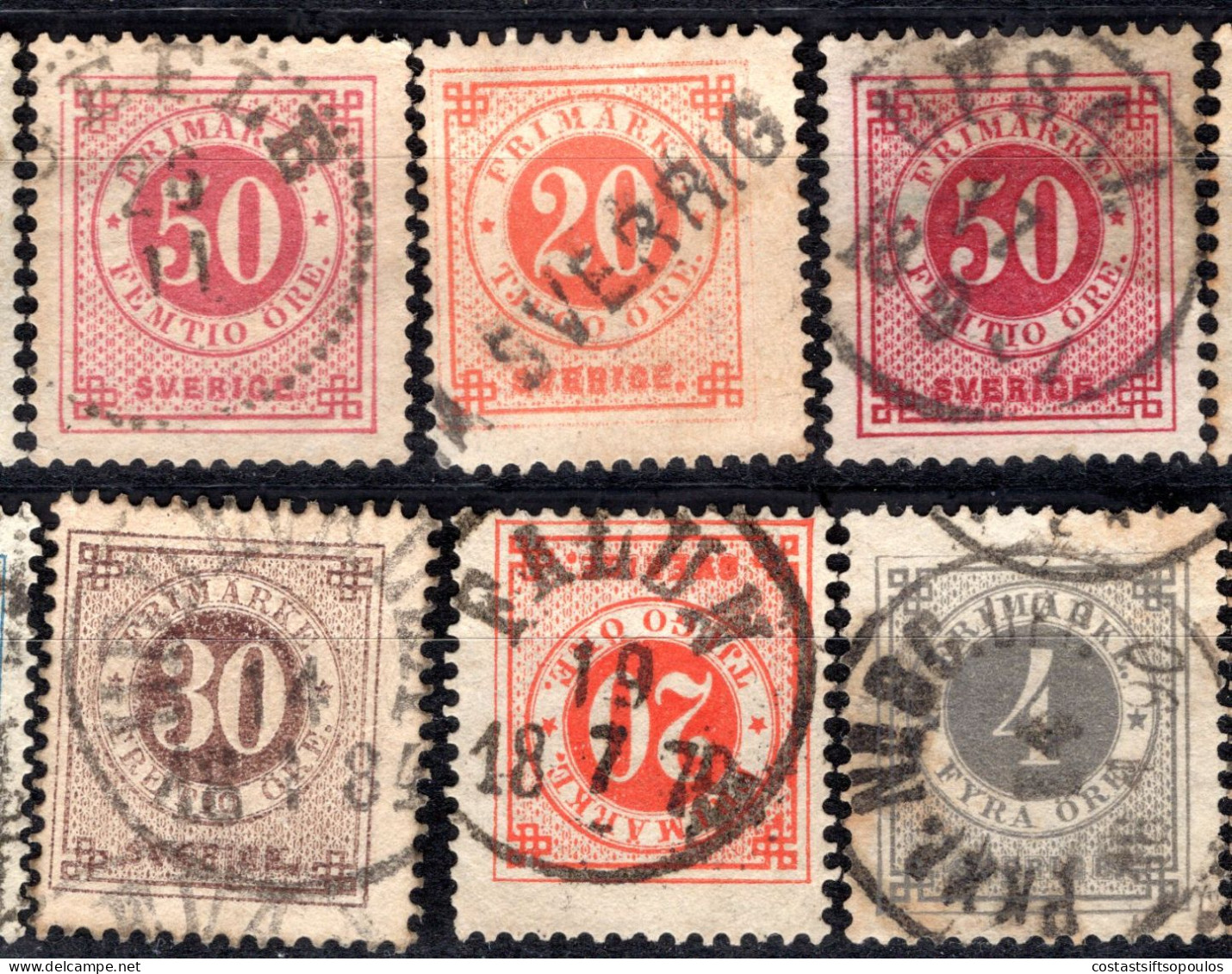 1902. SWEDEN. 45 CLASSIC ST. WITH NICE POSTMARKS LOT, VERY FEW WITH FAULTS, 7 SCANS