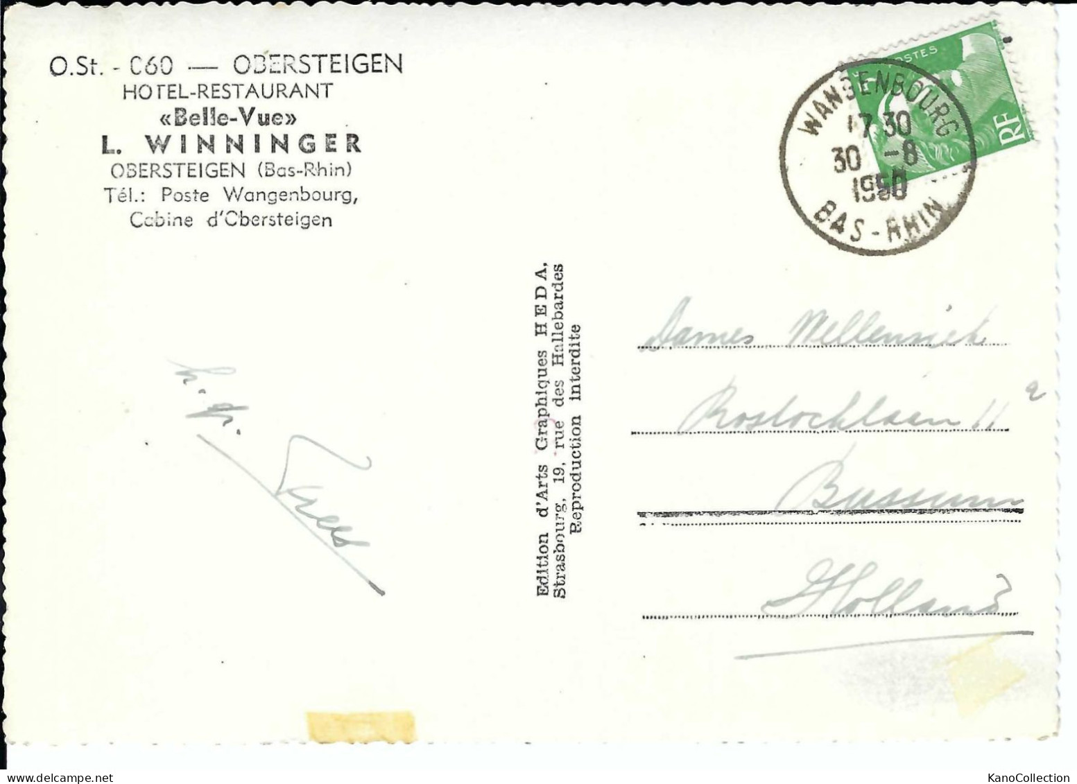 Obersteigen, Bas-Rhin, Hotel-Restaurant „Belle-Vue“ L. Winniger, Gelaufen 1950 - Hotels & Restaurants