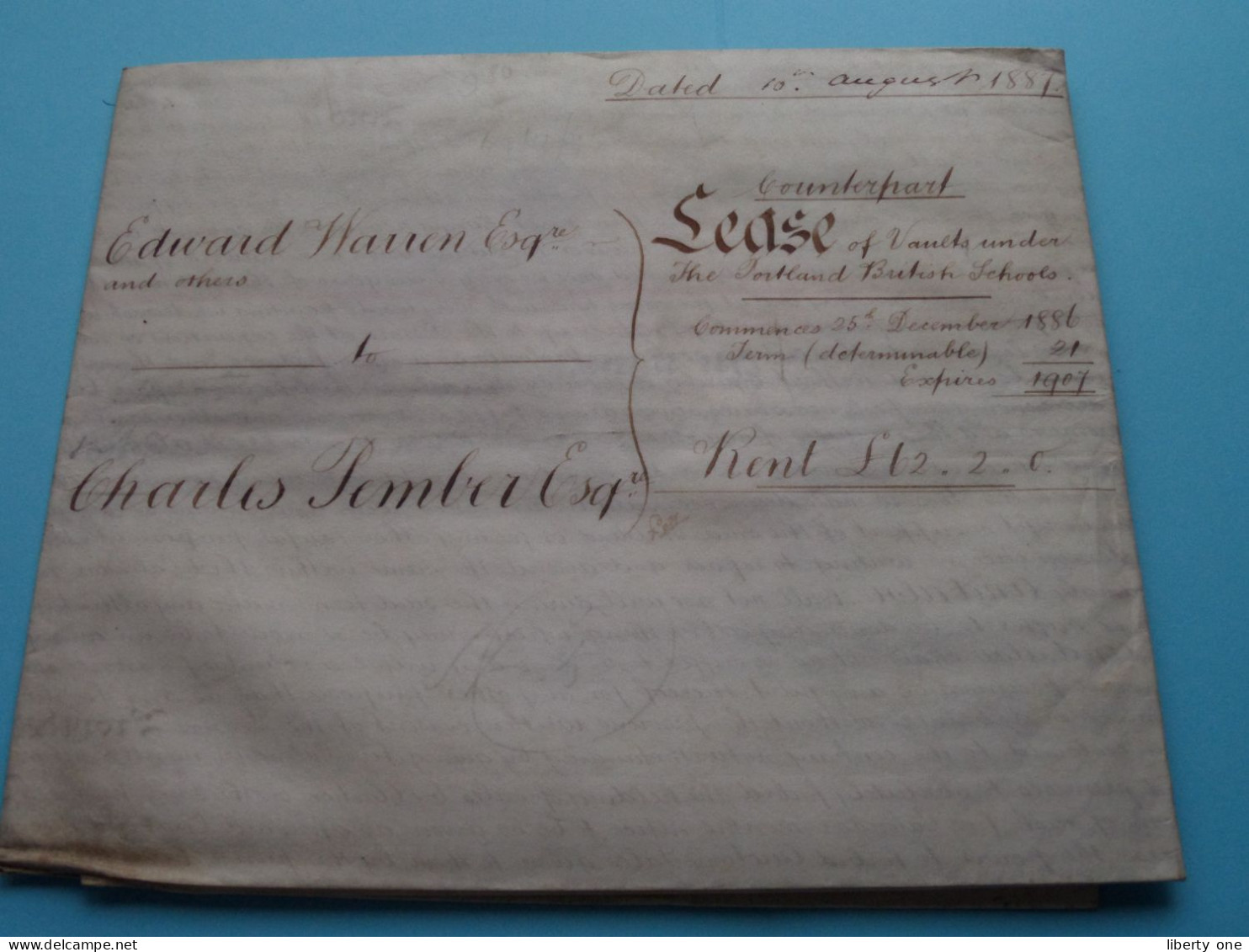 LEASE Contract on parchment with Tax Stamp > Dated 1887 ( Little Titchfield & Ridinghouse Street ) T. MARTIN London !