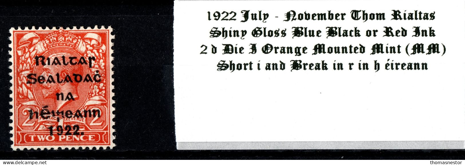 1922 July-November Thom Rialtas 5 Line Overprint In Shiny Blue Black Or Red Ink 2 D Die I Orange Mounted Mint  (MM) - Unused Stamps