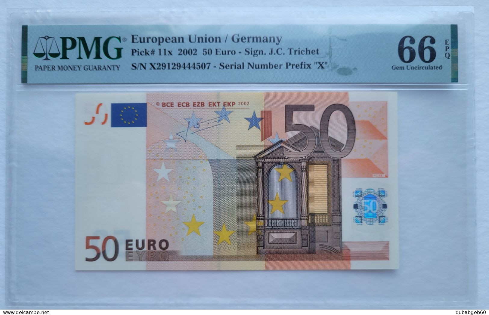 50 Euro 2002, Trichet, Germany X29129444507, Printer R028, PMG66 GEM UNC,  Exceptional Paper Quality - 50 Euro