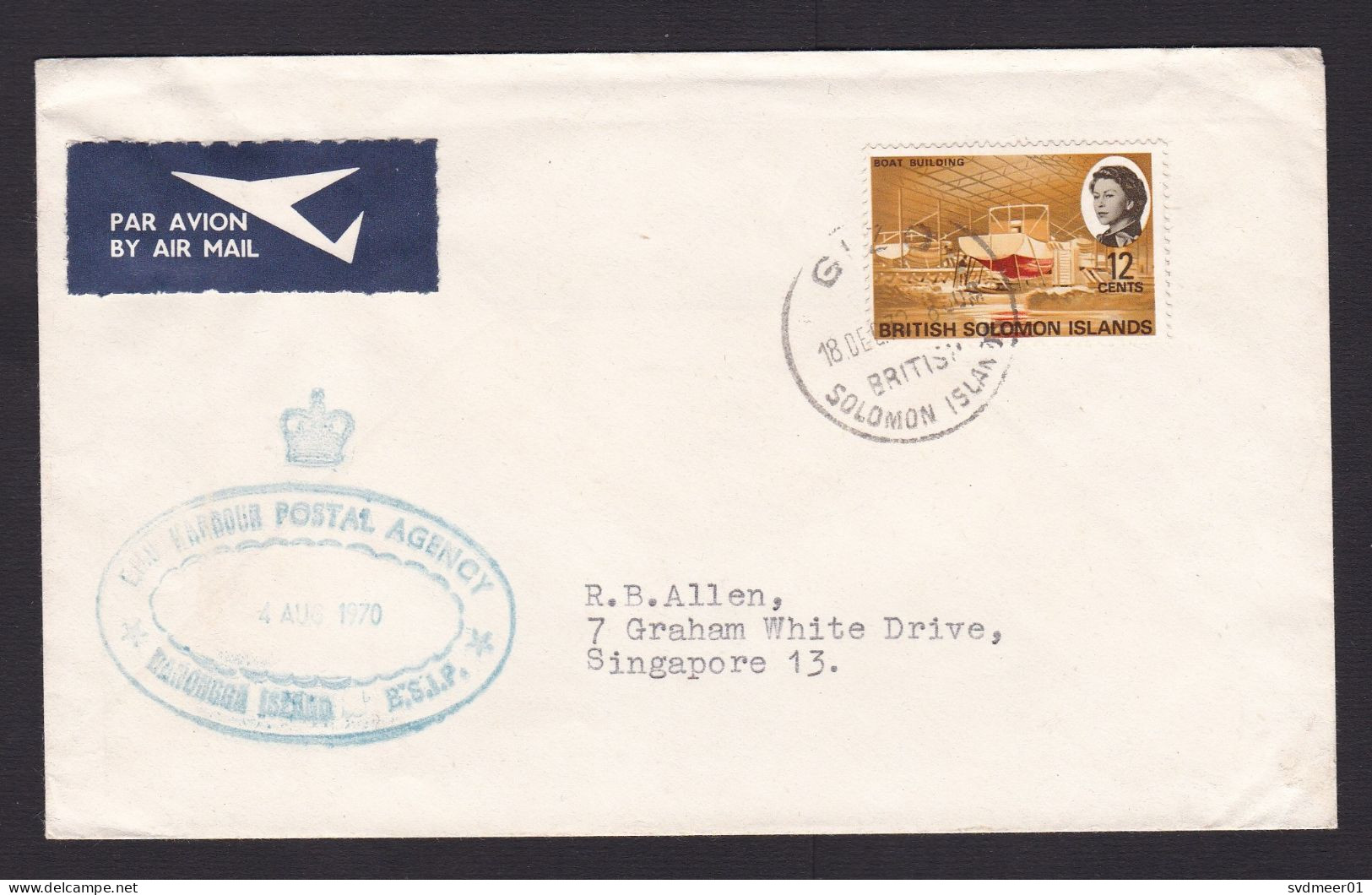 British Solomon Islands: Airmail Cover To Singapore, 1970, 1 Stamp, Shipyard, Uncommon Air Label (traces Of Use) - Salomonseilanden (...-1978)