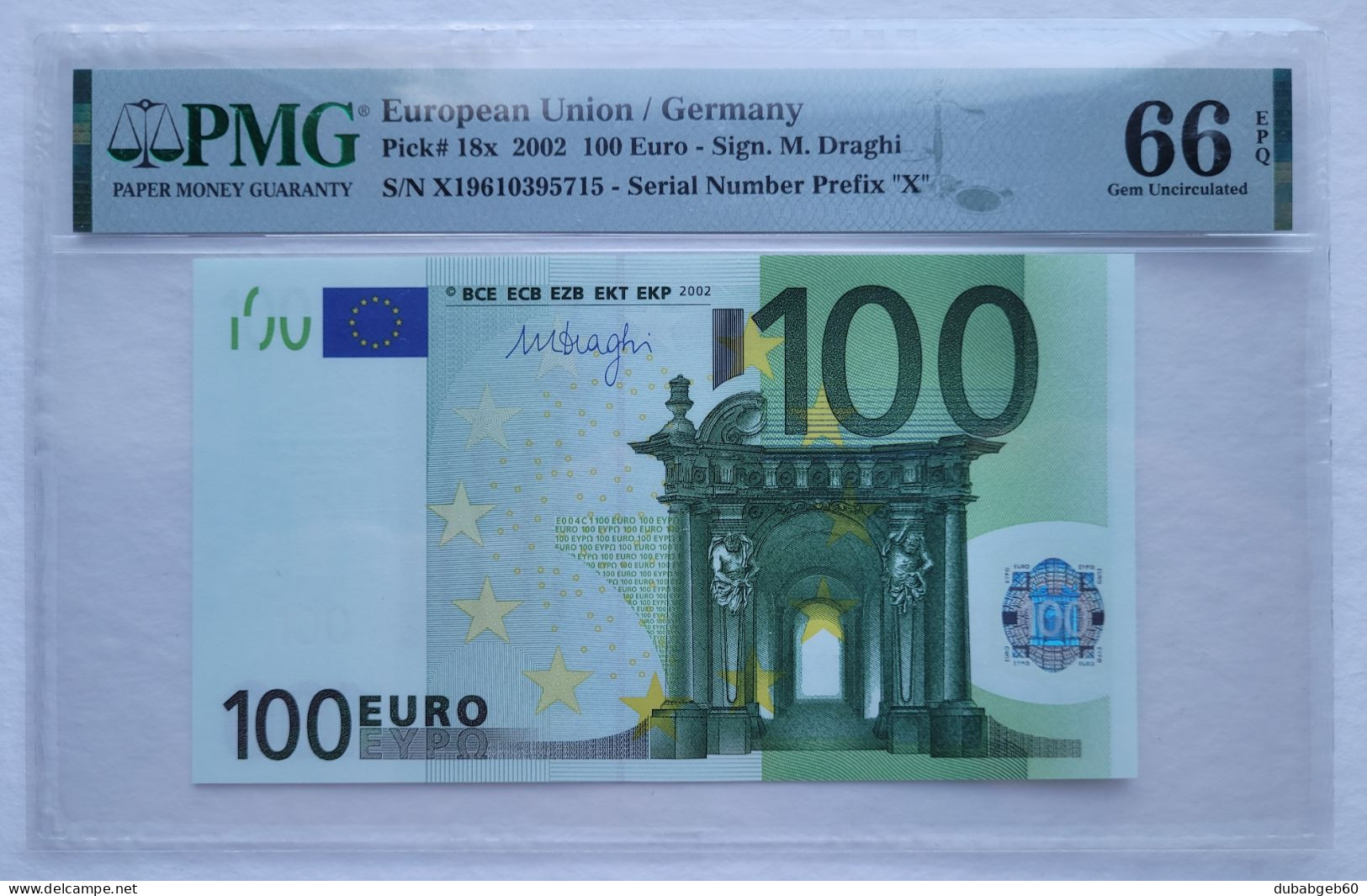 100 Euro 2002, Draghi, Germany X19610395715, Printer E004, PMG66 GEM UNC,  Exceptional Paper Quality - 100 Euro