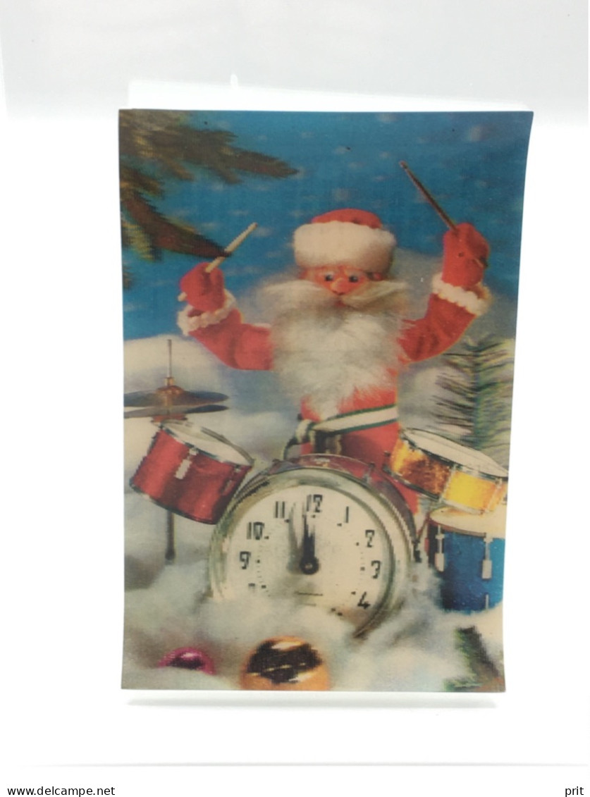 Happy New Year Santa Claus Playing Drums Clock Soviet Russia USSR 1987 Stereoscope 3D Pocket Calendar Publ: Ekran Moscow - Tamaño Grande : 1981-90