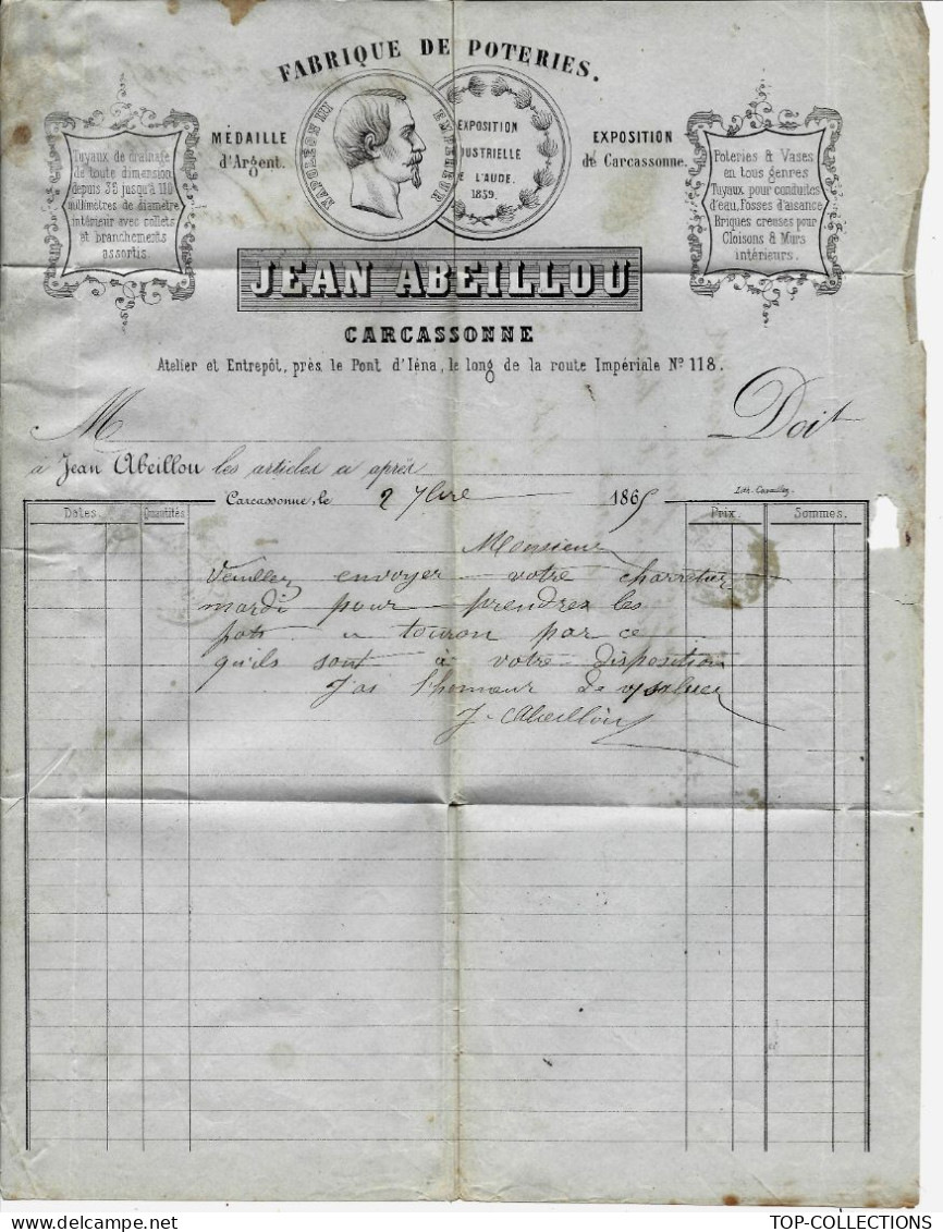 1865 ENTETE Jean Abeillou Carcassonne Fabrique De Poteries Pour Gaxieu Père Fabrique De Touron à Limoux Aude  V.SCANS - 1800 – 1899