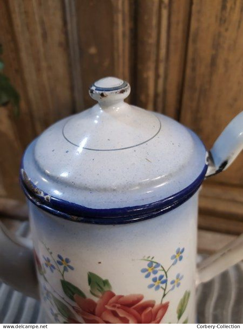 Ancienne Cafetière Émaillée Décor Fleurs Roses