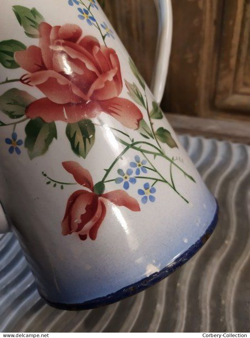 Ancienne Cafetière Émaillée Décor Fleurs Roses