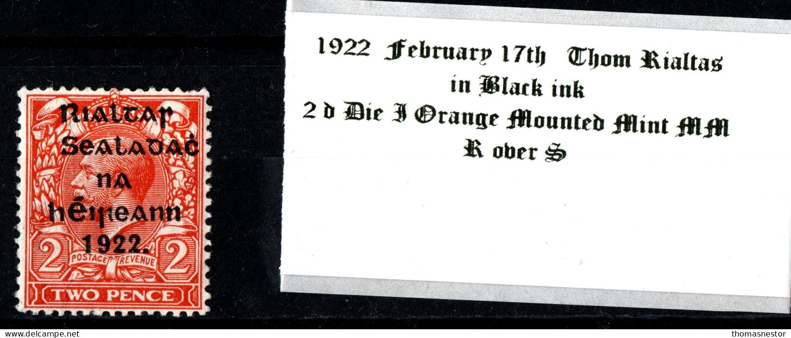 1922 February 17th Thom Rialtas In Black Ink 2 D Die I Orange Mounted Mint (MM) With R Over S - Ongebruikt