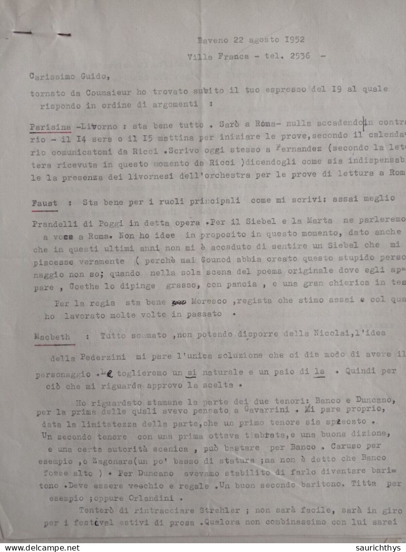 Lotto 9 Documenti Autografi Direttore D'orchestra Gianandrea Gavazzeni Bergamo Baveno 1952 - Sänger Und Musiker