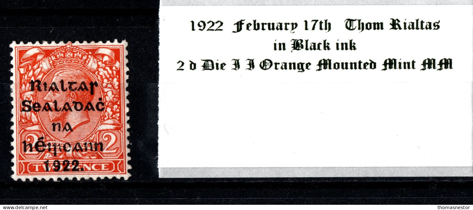 1922 February 17th Thom Rialtas In Black Ink 2 D Die I I Orange Mounted Mint (MM) - Ongebruikt