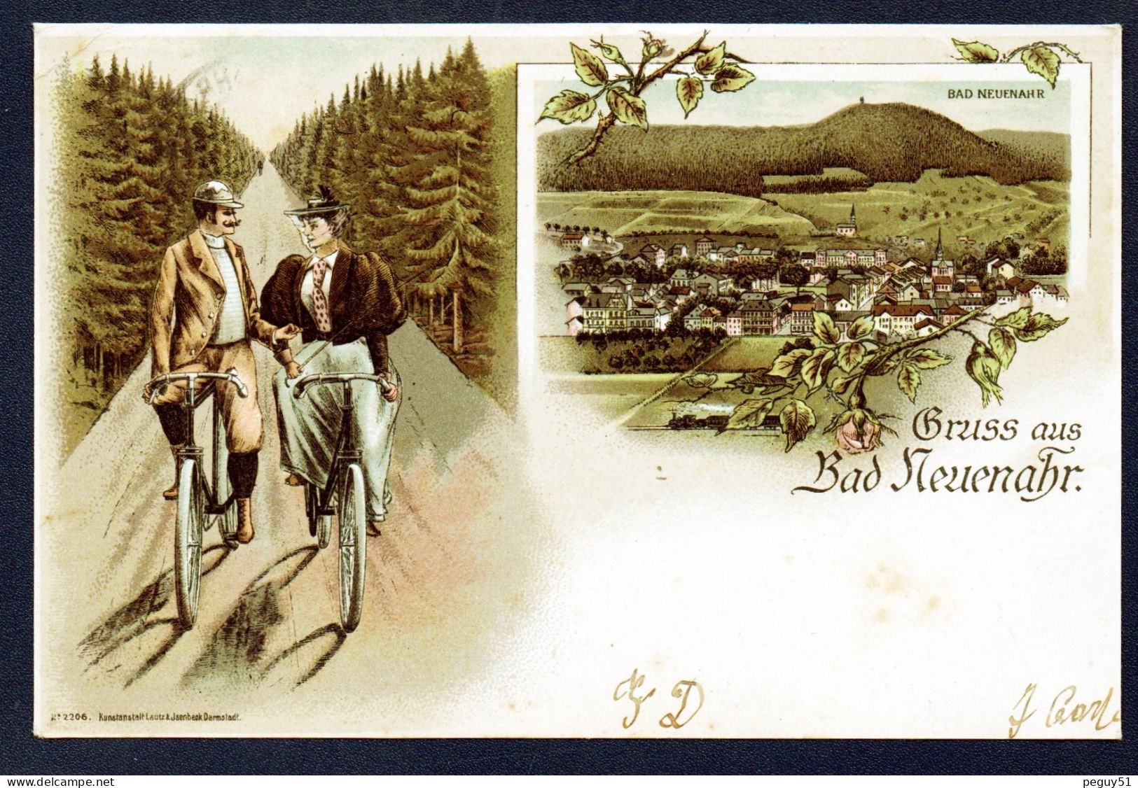 Gruss Aus Bad Neuenahr. Panorama Et Couple à Vélo. 1906 - Bad Neuenahr-Ahrweiler