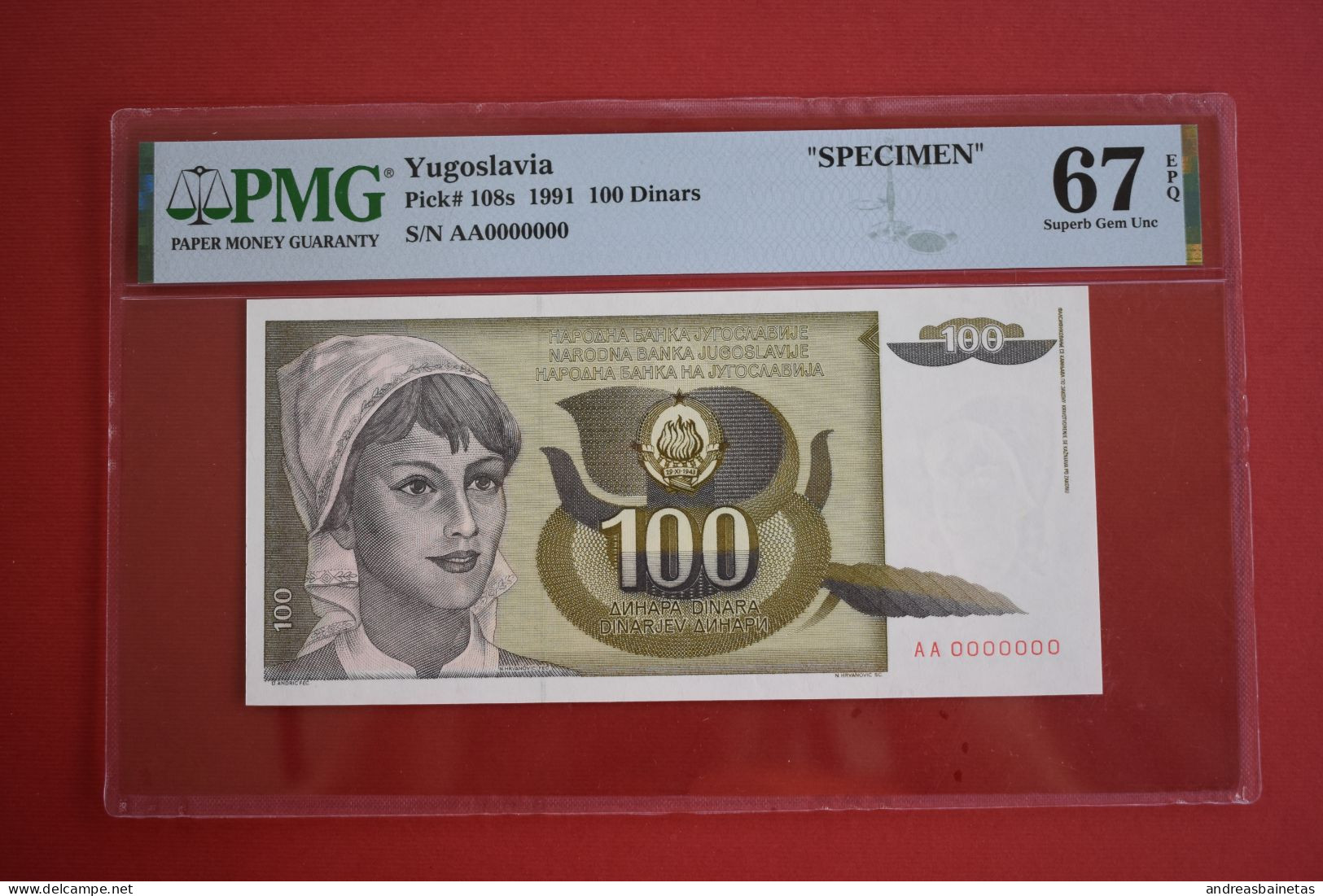 Banknotes Yugoslavia 100 Dinara 1991   PMG 67 SPECIMEN - Fictifs & Spécimens