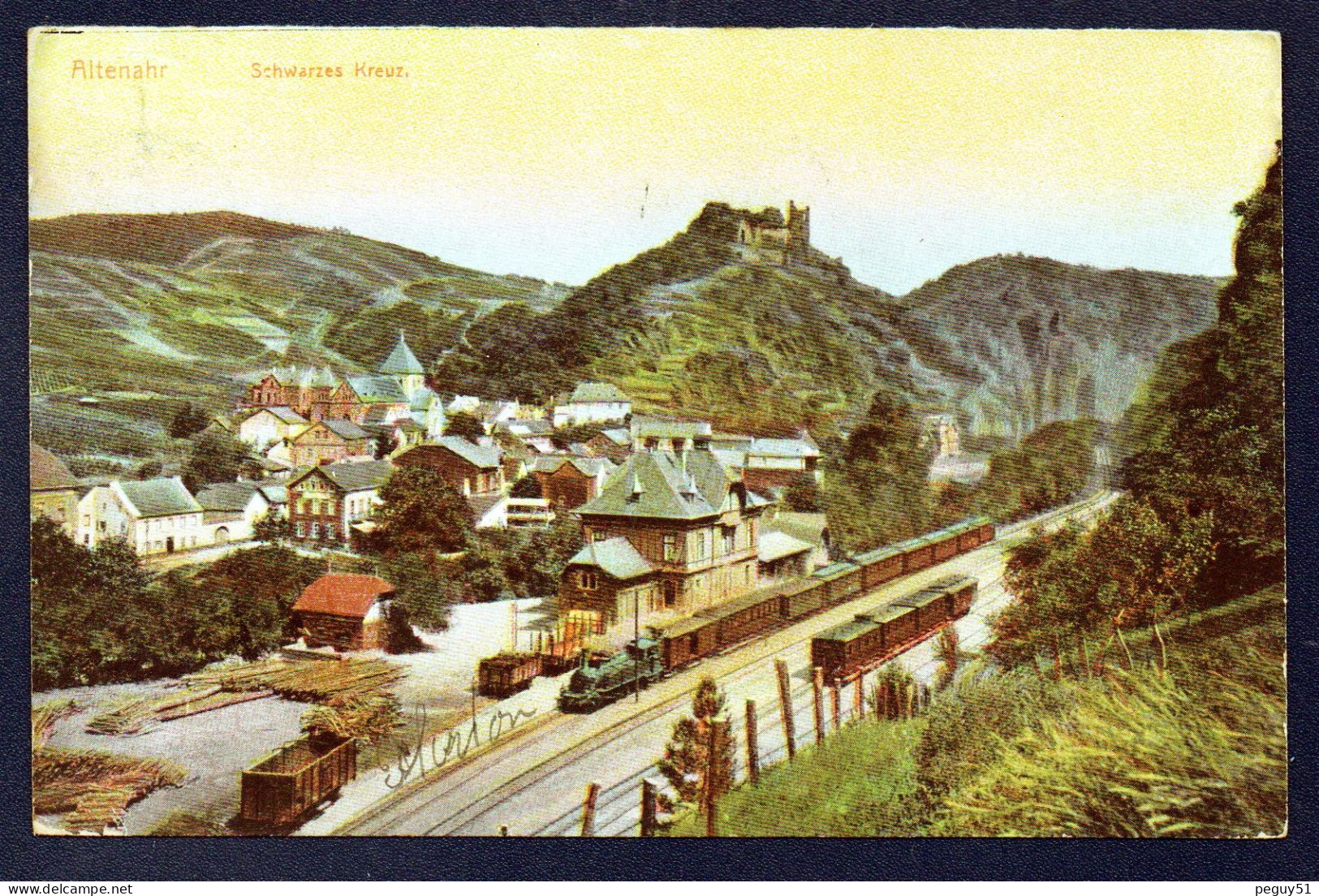 Altenahr ( Ahrweiler ). Burgruine Are. Bahnhof, Zug. Hotel-Restaurant Schwarzes Kreuz. 1908 - Bad Neuenahr-Ahrweiler