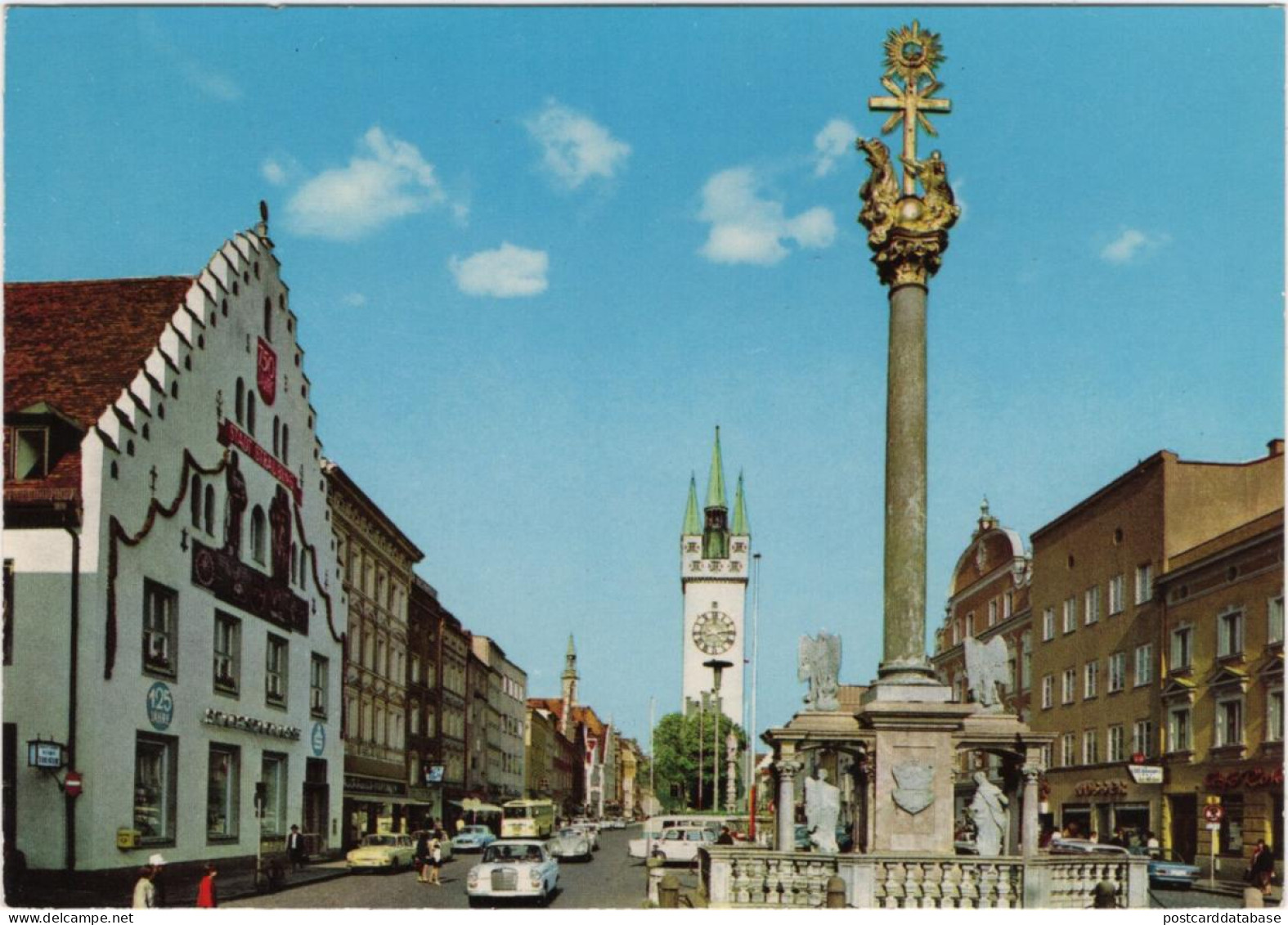 Straubing An Der Donau - Theresienplatz Mit Dreifaltigkeitssaule - & Old Cars - Straubing