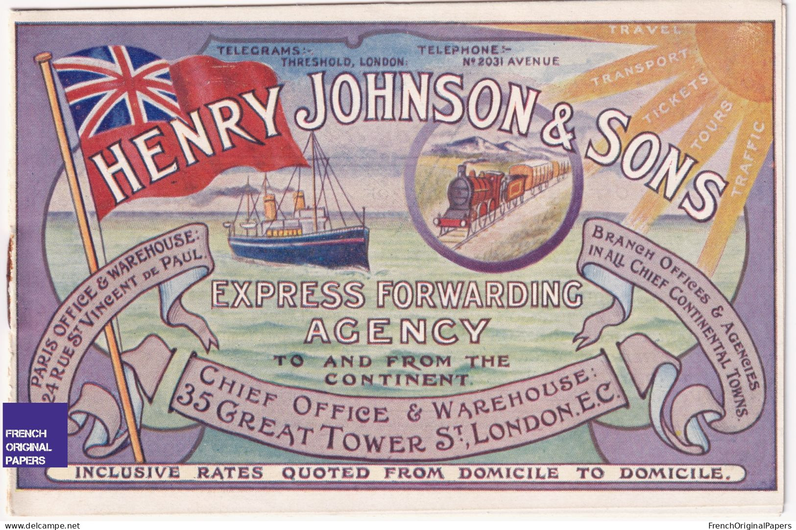 Henry Johnson & Sons Express Forwarding Agency Rare Ad. 1900s Ocean Liner Paquebot Transatlantique London Train A40-39 - Publicidad