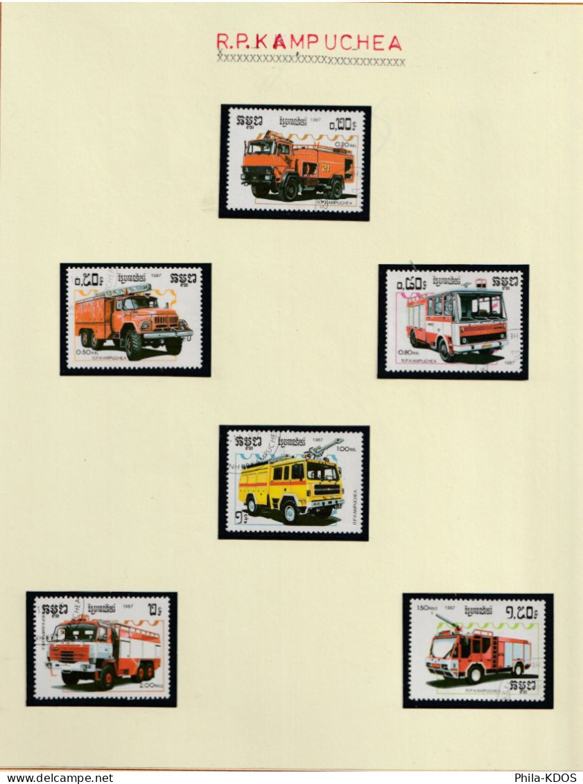 " VEHICULES DE SAPEURS-POMPIERS " Sur Lot De 6 Timbres Oblitérés De KAMPUCHEA . + KDO ! - Firemen