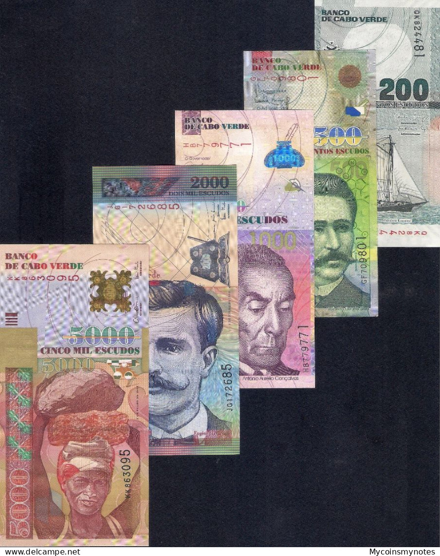 Cape (Cabo) Verde Complete Set Of Escudos, 200, 500, 1000, 2000, 5000, UNC - Cap Vert