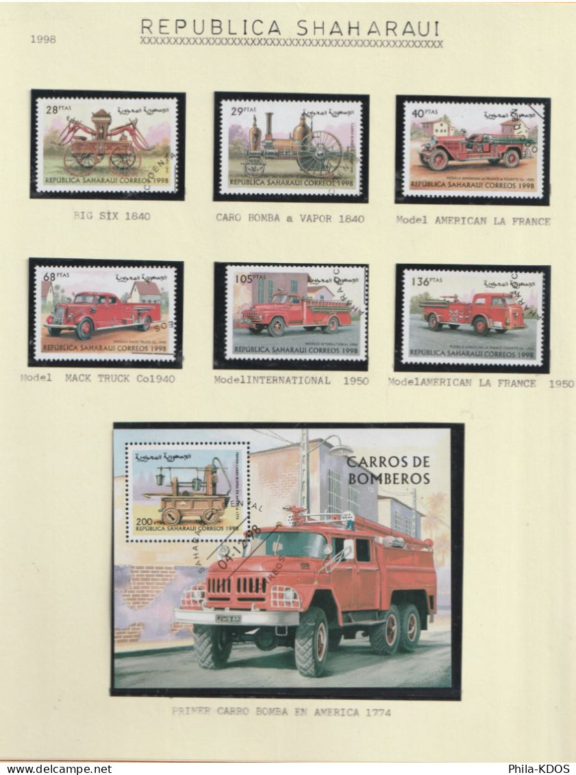 " VEHICULES DE SAPEURS-POMPIERS " Sur Lot De 6 Timbres + 1 BF Oblitérés De SHAHARAUI. Avec Nom Du Véhicule. + KDO ! - Firemen