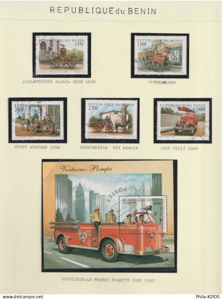 " VEHICULES DE SAPEURS-POMPIERS " Sur Lot De 5 Timbres + 1 BF Oblitérés Du BENIN. Avec Nom Du Véhicule. + KDO ! - Firemen