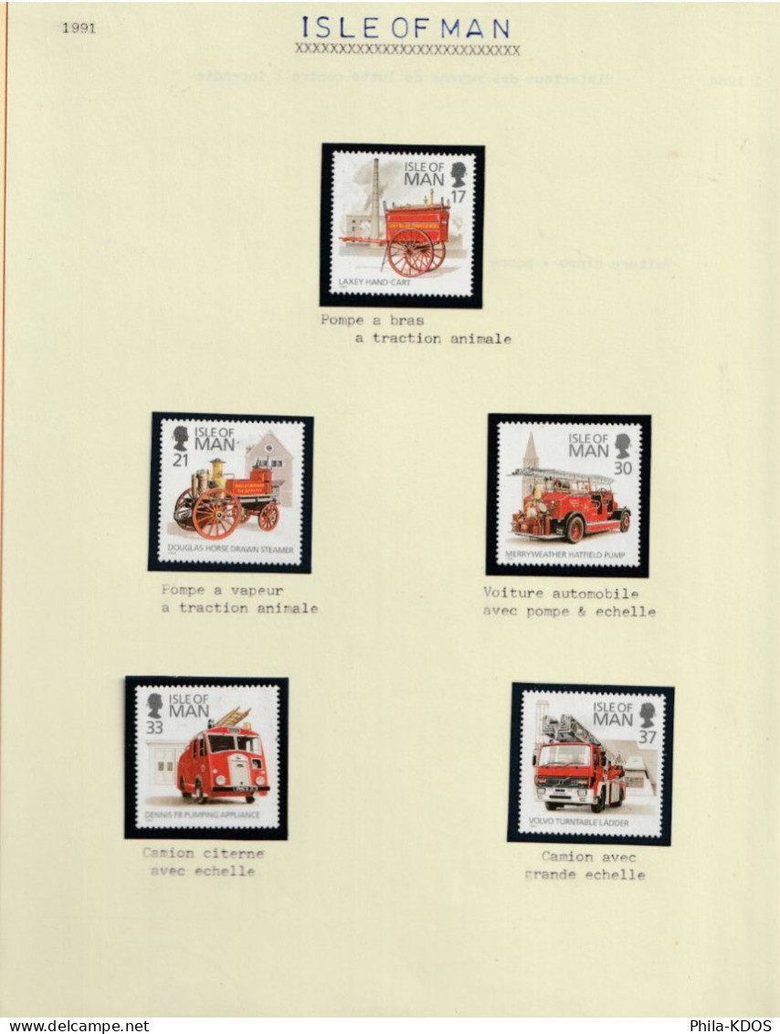 " VEHICULES DE SAPEURS-POMPIERS " Sur Lot De 5 Timbres Neufs ** MNH De ISLE OF MAN. Avec Nom Du Véhicule. + KDO ! - Firemen